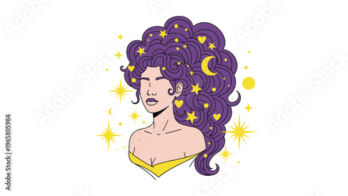 Beautiful woman with voluminous purple hair adorned with yellow stars and a crescent moon represents a mystical celestial goddess.