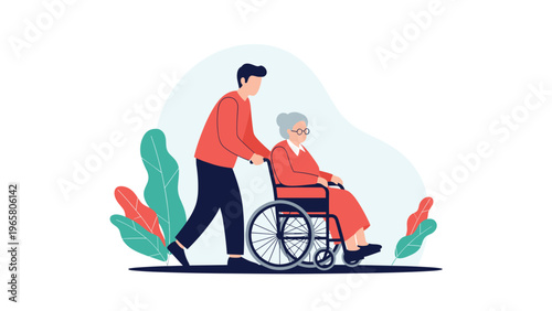 Caring young man pushes a senior woman in a wheelchair during a peaceful walk through a park with green plants and leaves.