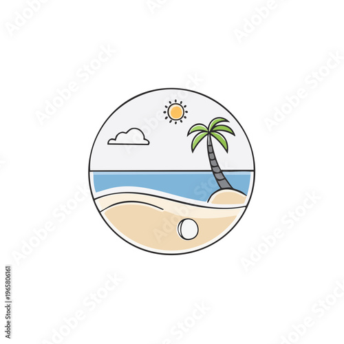 Tropical beach scene with palm tree ocean waves and sun in a circle