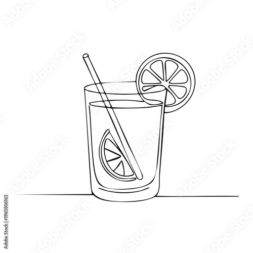 Minimalist line art of a tall glass filled with refreshing citrus beverage and straw garnished with lemon slice
