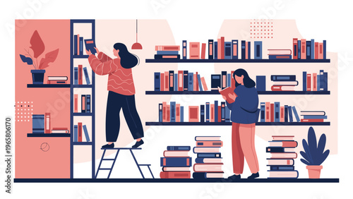 Two women explore a cozy library with tall shelves filled with colorful books while one reads and the other reaches for a volume.