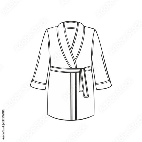 Line drawing of a belted robe with shawl collar and piped trim