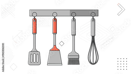 Set of gray and red kitchen utensils including a spatula brush and whisk hang neatly from a metal wall rack in a kitchen.