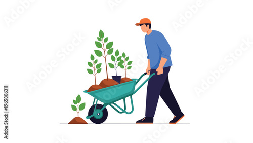 Male gardener pushes a green wheelbarrow filled with young trees and saplings to be planted in the soil outdoors in a garden.