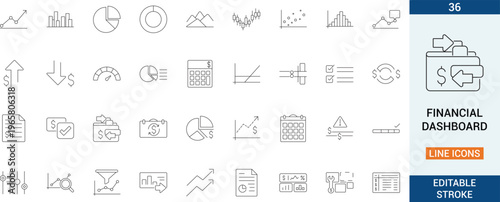 Clean outline financial dashboard icons featuring charts, metrics, budgeting, and analytics tools. Ideal for apps, UI design, fintech interfaces, and data visualization.