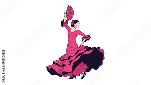 Traditional Spanish flamenco dancer in a ruffled red dress performs a dramatic pose while holding a pink fan above her head.