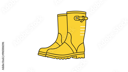 Pair of bright yellow rubber rain boots with buckles and treaded soles provide protection for wet weather and rainy days.