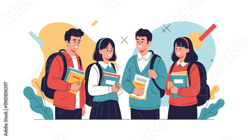 Group of four diverse teenage students wearing backpacks and holding textbooks stand together and smile in a school setting.