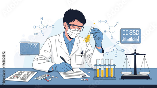Scientist in protective gear conducts chemical research and records data in a laboratory filled with scientific equipment.