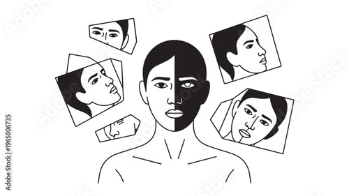 Psychology Woman Multiple Faces Illustration, Mental Health and Identity Concept Line Art Vector for Personality and Emotion Therapy