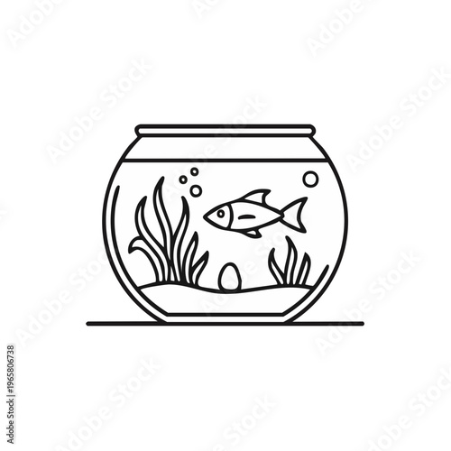 Simple line drawing of a fish swimming in a round bowl with aquatic plants and bubbles.