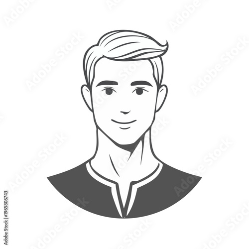 Stylized illustration of a smiling young man's head and shoulders in monochrome