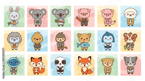 Large grid of cute cartoon animal characters in square frames holding various items like food and tools for kids.