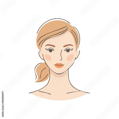 Elegant Line Art Portrait of a Young Woman with Tousled Ponytail and Rosy Cheeks