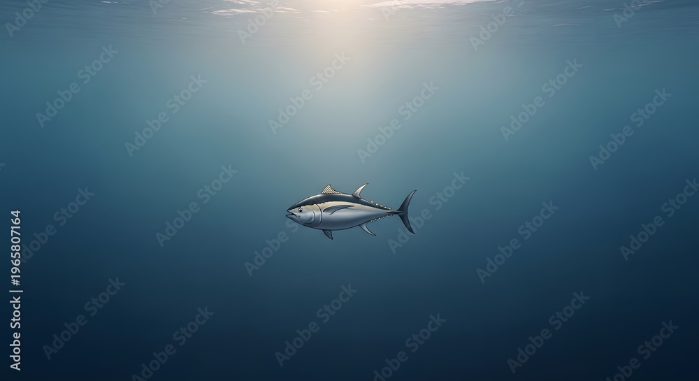 Fototapeta premium Tuna swimming underwater in ocean with sunlight