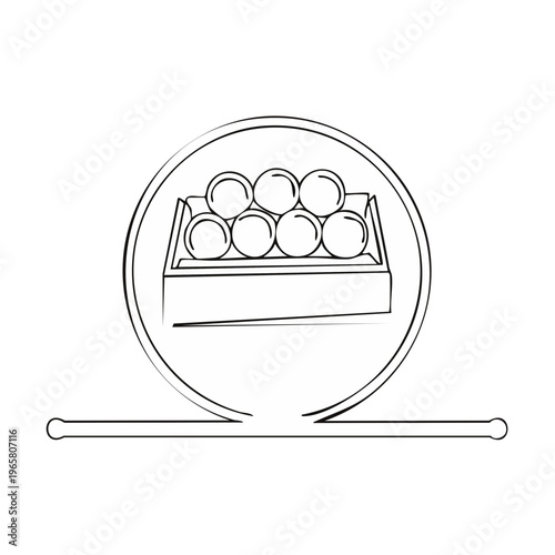 Outline icon of wooden crate filled with spherical objects within a circular frame