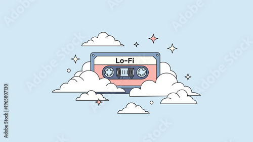 Retro lo-fi cassette tape floating among soft white clouds and stars in a nostalgic and aesthetic lofi illustration.