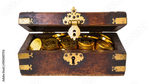 Foto Dark wood treasure chest with brass hardware filled with shiny gold coins, isola