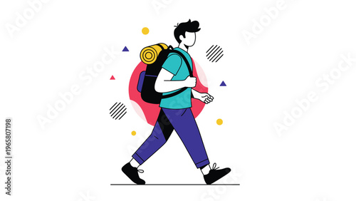 Adventurous man with a large backpack and rolled mat walks on a journey against a creative background with shapes.
