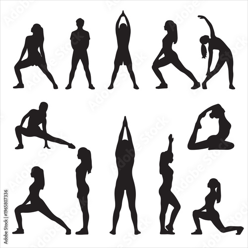 Vector illustration of black silhouettes featuring a woman and people in various yoga poses, fitness exercises, and dance movements for gym training