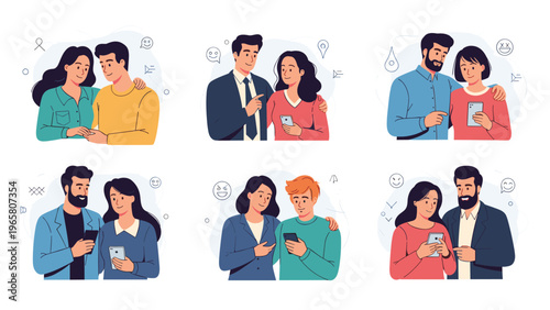 Set of happy couples in various poses smiling and looking at screens of their smartphones in a social connectivity set.