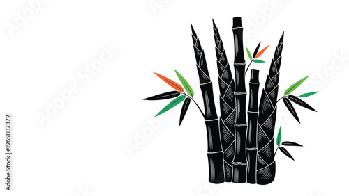 Silhouette-style illustration of a cluster of black bamboo stalks with a few colorful green and orange leaves.