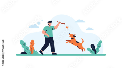 Happy man playing fetch with his brown dog using a wooden stick in a park with green plants and blue clouds on a sunny day illustration.