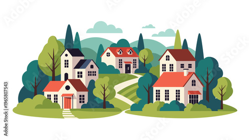 Beautiful flat landscape illustration of a peaceful rural village with cozy houses, green trees, and rolling hills under a cloudy sky.
