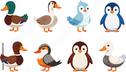 Cute Duck and Penguin Cartoon Characters Collection with Different Birds Set Adorable Wildlife Vector Illustration Design