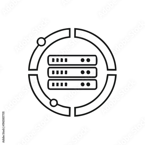 Abstract data center servers represented by stackable racks within a circular network graphic