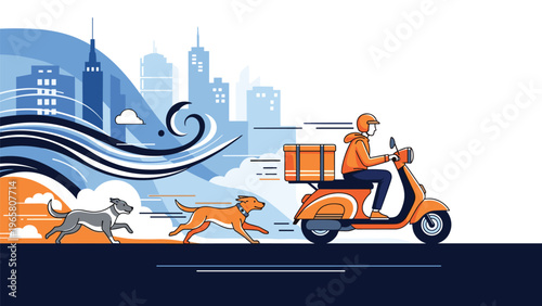 Delivery man on a fast orange scooter carrying a package while two dogs chase after him through a windy city street with skyscrapers.