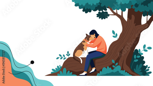 Young woman sitting under a large tree and affectionately hugging her pet dog in a serene park setting with trees and green bushes.