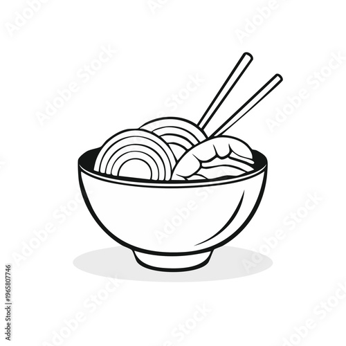 Stylized line art bowl of noodles with shrimp and chopsticks
