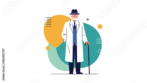 Distinguished elderly man with a white beard wearing a long coat, hat, and holding a walking cane standing against abstract shapes.