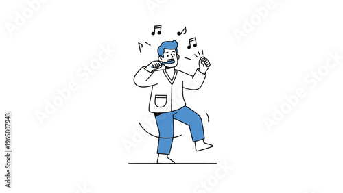 Young man in blue pajamas dancing and singing into his toothbrush while brushing his teeth in a fun morning routine illustration.