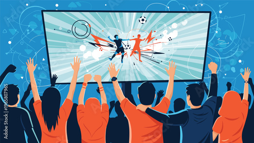 Excited group of fans cheering in front of a large television screen watching a football match with players and a ball.