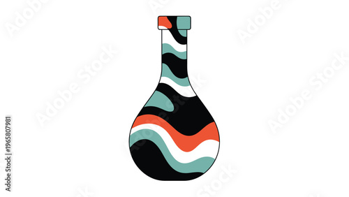 Decorative glass bottle with a wide base and narrow neck featuring a colorful wavy abstract pattern in blue, red, black, and white.
