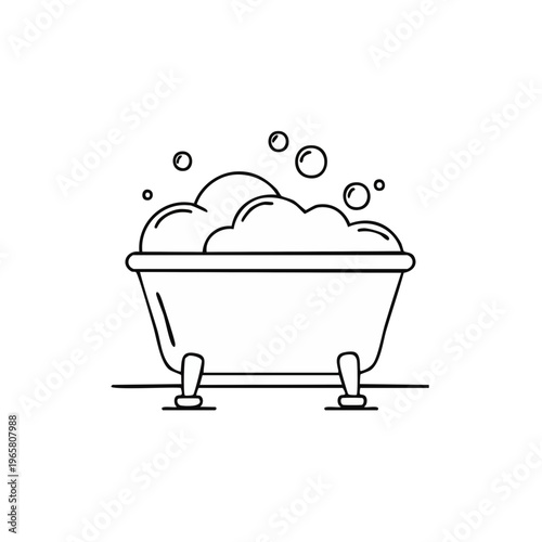 Simple line art illustration of a bathtub filled with bubbles and bubbles floating