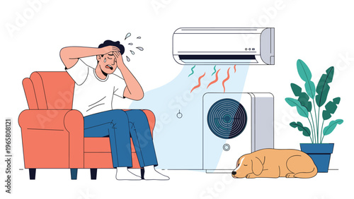 Tired man wipes sweat from his forehead while sitting in an armchair under a cooling air conditioner with his dog nearby.
