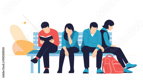 Group of diverse people sitting on a blue park bench including a man reading a book and others looking bored or thoughtful.