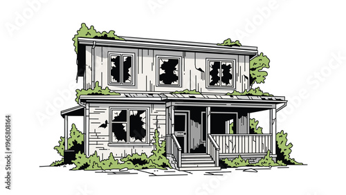 Dilapidated two-story house with broken windows and overgrown green bushes stands abandoned and in need of major repairs.