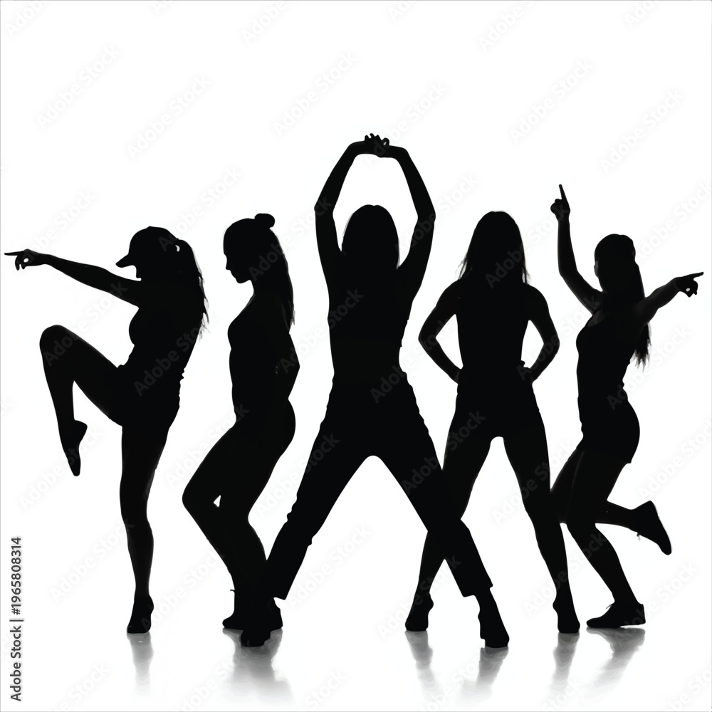 Fototapeta premium Black silhouettes of a dancing group featuring fashion models and elegant ladies posing in a disco party vector illustration