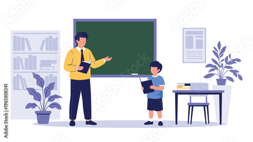 Helpful teacher in a yellow sweater explains a lesson to a young student in front of a green chalkboard in a classroom.