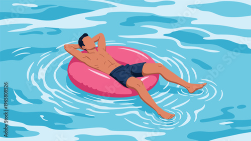 Man wearing navy swim shorts relaxes on a bright pink inflatable ring while floating on gentle blue ocean waves.