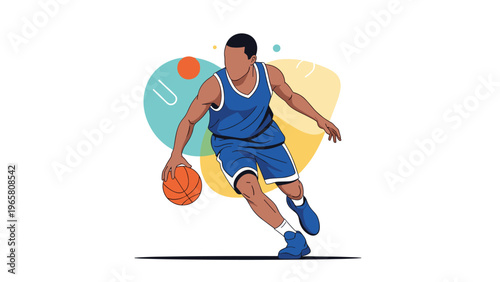 Talented basketball player in a blue uniform dribbles an orange ball against a background of abstract colorful shapes.