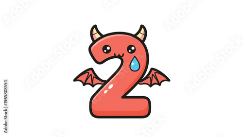 Cute red number two character designed as a small dragon with horns, wings, and a tiny blue tear drop on a white background.