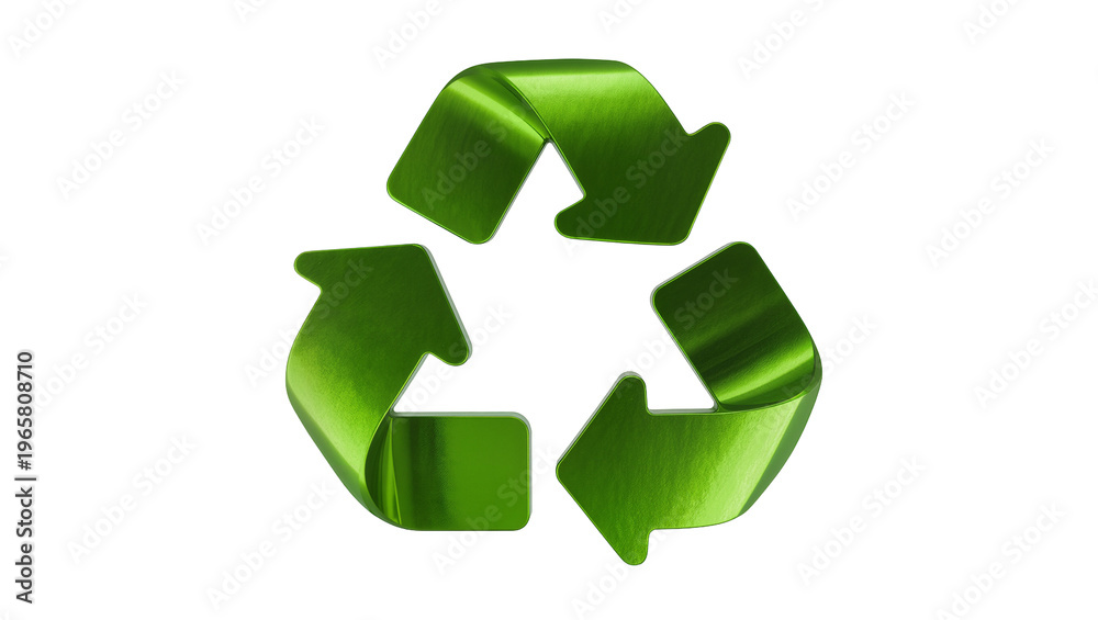 Obraz premium Glossy vibrant green three-dimensional recycling symbol with reflective surface, isolated on transparent background for environmental concepts