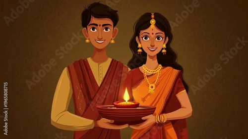 Bengali Couple Sharing Soft Spiritual Moments Under Warm Festival Lights