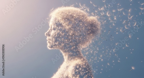 Ethereal Transformation: A delicate portrait of a person dissolving into a constellation of feather-light particles, evoking a sense of metamorphosis and the transient nature of existence.