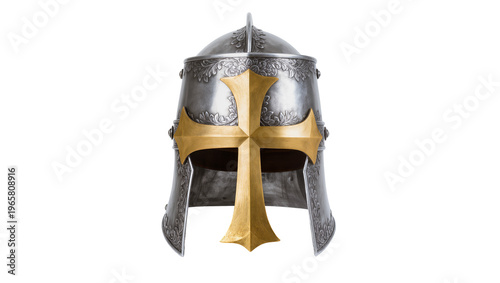 Fotografie Ornate silver medieval knight helmet featuring a golden Templar cross, isolated